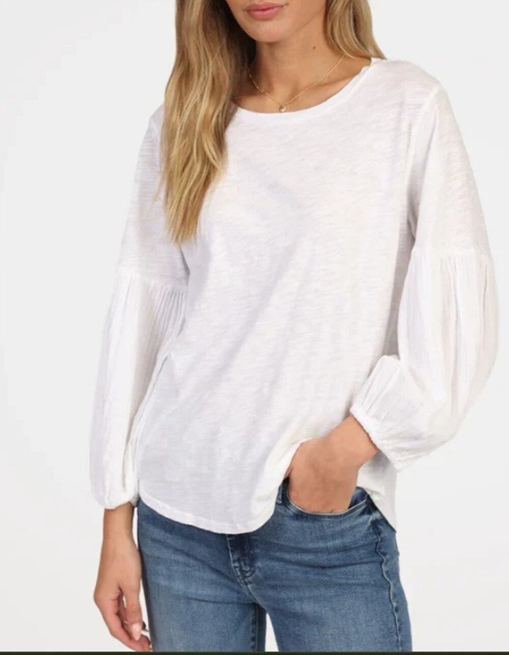 Dylan Sz S Cotton Slub Boxy Gauze Sleeve White Long Sleeve Blouse Top